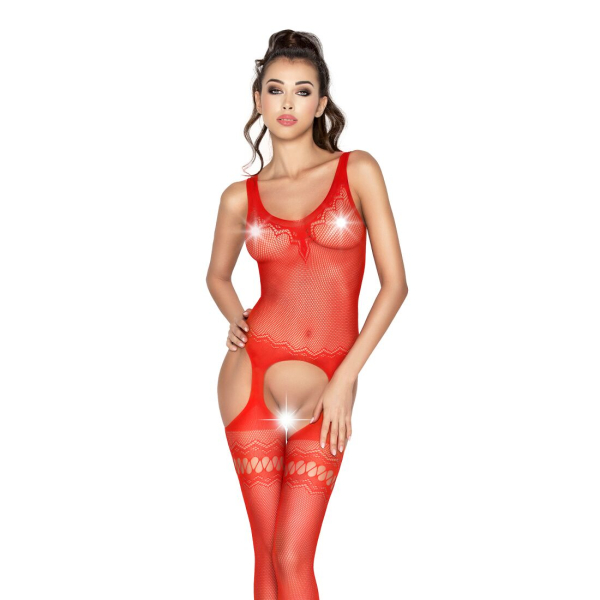 Бодістокінг Passion BS038 red, комбінезон, імітація панчіх і пояса - фото