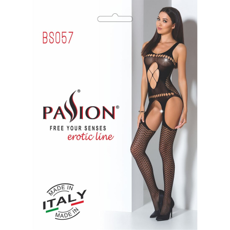 Бодістокінг Passion BS057 black, комбінезон, імітація панчох і пояса - фото №7