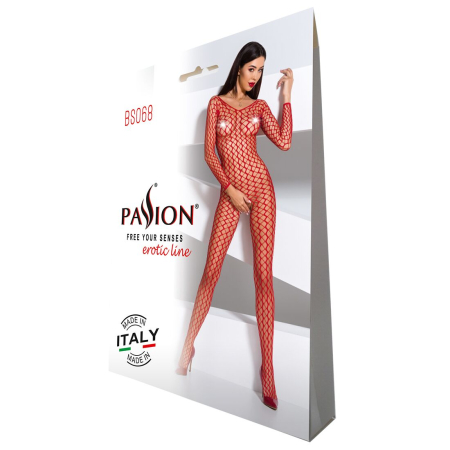 Бодістокінг Passion BS068 red, комбінезон, велика сітка, довгий рукав - фото №5