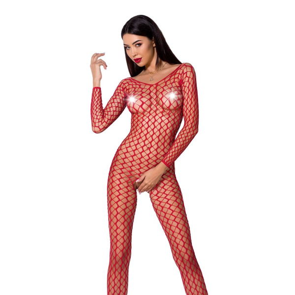 Бодістокінг Passion BS068 red, комбінезон, велика сітка, довгий рукав - фото