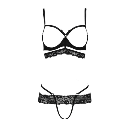 Комплект білизни Passion Exclusive SARIA SET OpenBra S/M, black, стрепи, відкритий ліф, стрінги - фото №5