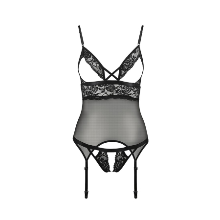 Корсет з відкритими грудьми Passion DIABOLINA CORSET L/XL, black, пажі, трусики, напівпрозорий - фото №3