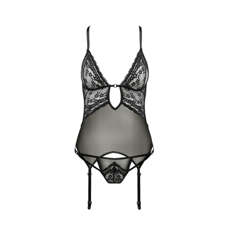 Корсет з декольте Passion ERZA CORSET L/XL, black, пажі, трусики, напівпрозорий - фото №3