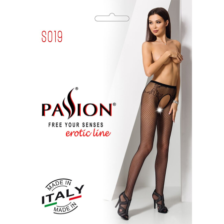 Сітчасті колготки-бодістокінги Passion S019 One Size, Black, імітація трусиків, відкритий доступ - фото №7