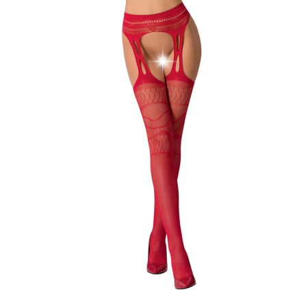 Сітчасті панчохи-стокінги Passion S020 One Size, Red, ажурний візерунок, імітація пояса з гартерами - фото