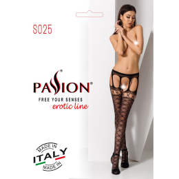 Еротичні колготки-бодістокінги Passion S025 One Size, Black, імітація ажурних панчішок з пояском - - фото №7