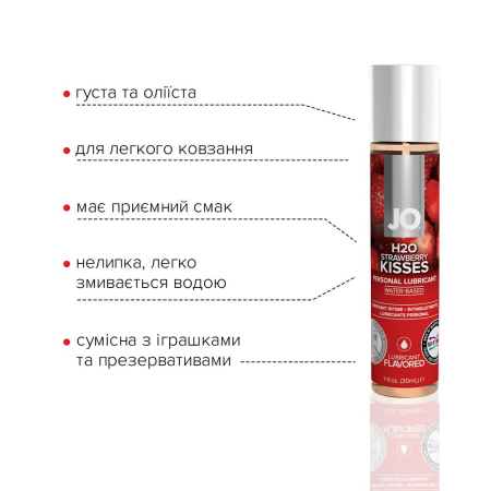 Змазка на водній основі JO H2O — Strawberry Kiss (30 мл) без цукру, рослинний гліцерин - фото №3
