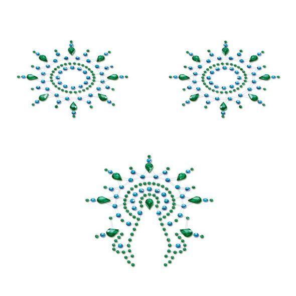 Пестіс з кристалів Petits Joujoux Gloria set of 3 - Green/Blue, прикраса на груди та вульву 