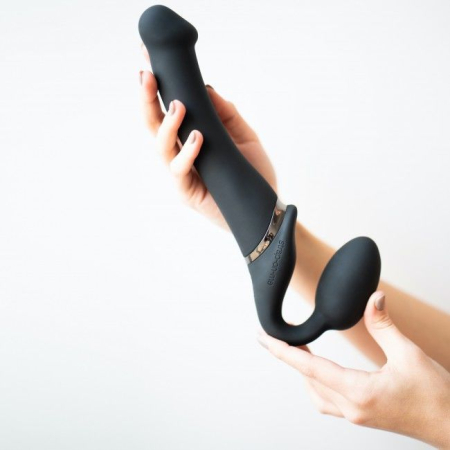 Безремінний страпон з вібрацією Strap-On-Me Vibrating Black M, діаметр 3,8см, пульт ДК, регульований №6