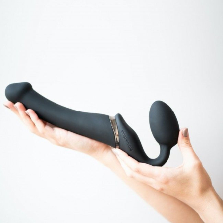 Безремінний страпон з вібрацією Strap-On-Me Vibrating Black M, діаметр 3,8см, пульт ДК, регульований №8
