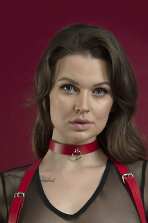 Чокер з кільцем для повідця Feral Feelings - Choker червоний, натуральна шкіра - фото