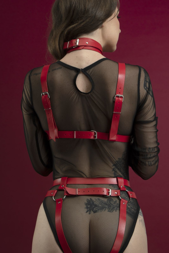 Портупея на груди Feral Feelings - Harness Bra, ліф, натуральна шкіра, колір червоний - фото №2
