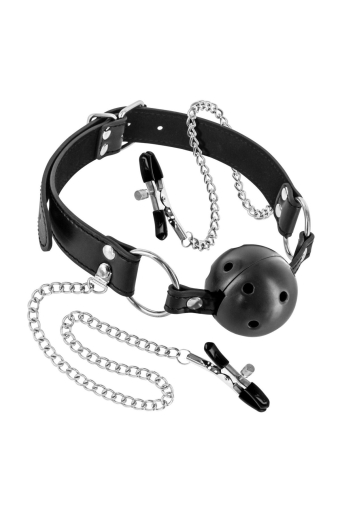 Повітропроникний кляп із затискачами для сосків Fetish Tentation Rigid Gag Ball with Nipple Clamps - фото