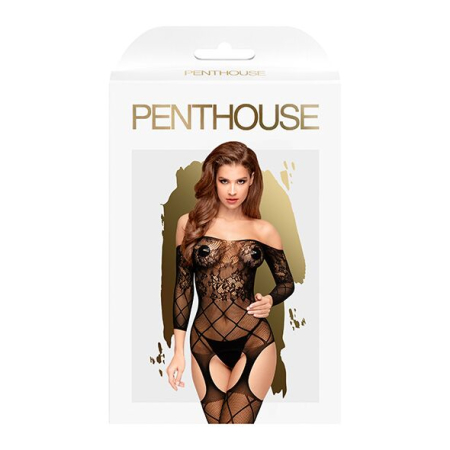 Бодістокінг з відкритими плечима та флористично-геометричним орнаментом Penthouse - Top-Notch Black - фото №3