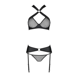 Сітчастий набір, бюстгальтер з халтером, трусики та пояс для панчох AMANDA SET S/M, black - - фото №4