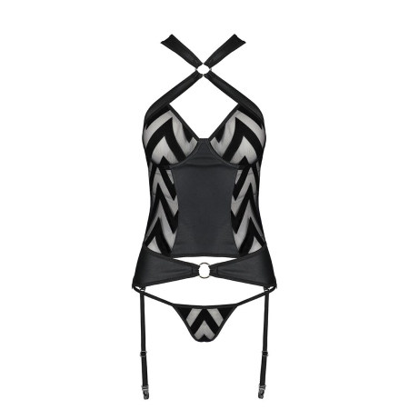 Сітчастий комплект з візерунком Passion HIMA CORSET L/XL black корсет з халтером, підв'язки, трусики - фото №5