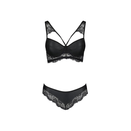 Комплект з еко-шкіри та мережива Passion LOONA SET L/XL, black, бра і трусики - фото №5