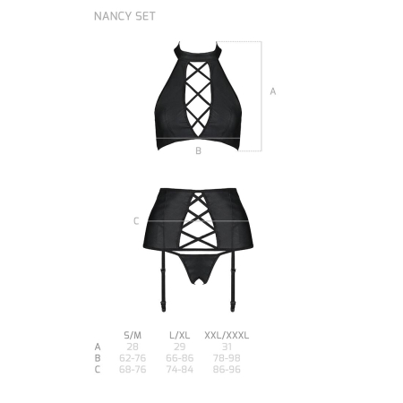 Комплект з еко-шкіри з імітацією шнурівки Passion NANCY SET L/XL black топ, трусики, пояс для панчіх - фото №5