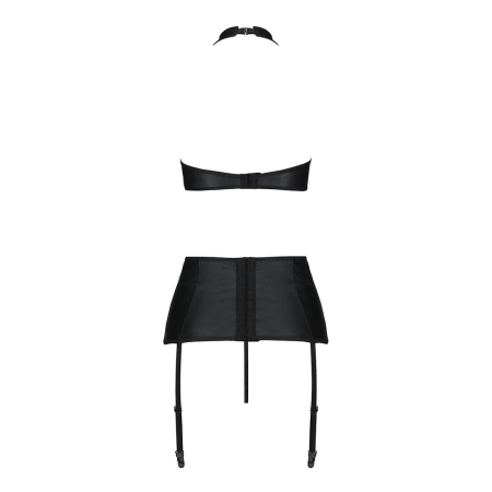 Комплект з еко-шкіри з імітацією шнурівки Passion NANCY SET S/M black топ, трусики, пояс для панчіх - фото №4