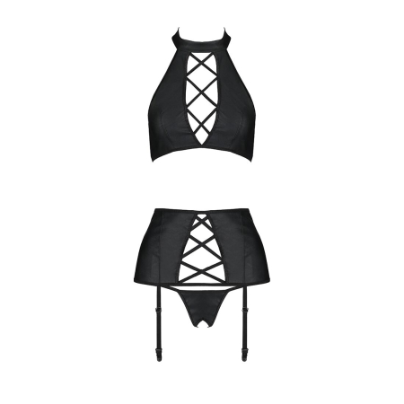 Комплект з еко-шкіри імітація шнурівки Passion NANCY SET XXL/XXXL black топ трусики пояс для панчіх - фото №3