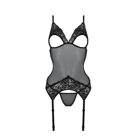 Корсет із підв’язками та ажурним ліфом Passion CHRISTA CORSET XXL/XXXL, black, стрінги в комплекті - фото №5