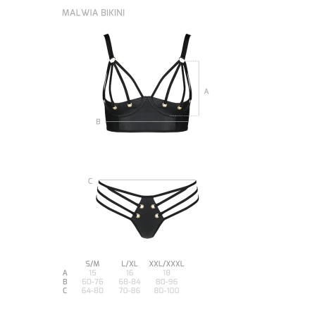 Комплект з екошкіри з люверсами та ремінцями Passion MALWIA BIKINI L/XL, black, бра та трусики - фото №5