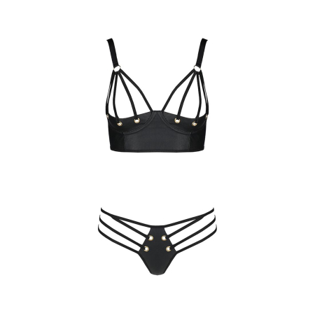 Комплект з екошкіри з люверсами та ремінцями Passion MALWIA BIKINI XXL/XXXL, black, бра та трусики - фото №3