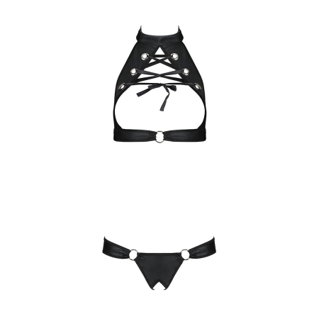Комплект відкритий топ та трусики з екошкіри з люверсами Passion MALWIA SET OpenBra XXL/XXXL, black - фото №3