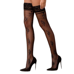 Панчохи Passion ST119 5 black на ажурній силіконовій резинці з квітковим декором і люрексовою ниткою - фото