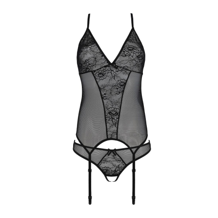 Корсет із пажами, трусики з ажурним декором та відкритим кроком Passion URSULA CORSET L/XL, black - фото №4