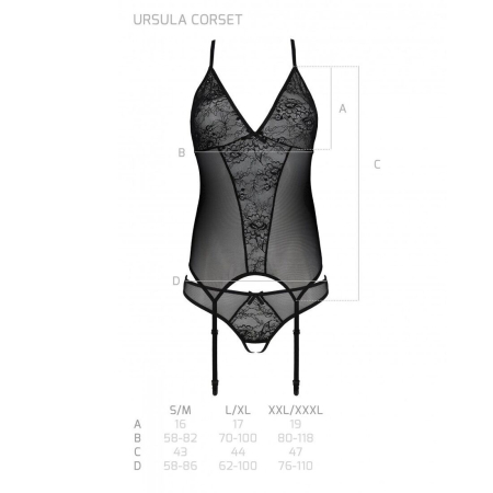 Корсет із пажами, трусики з ажурним декором та відкритим кроком Passion URSULA CORSET S/M, black - фото №6