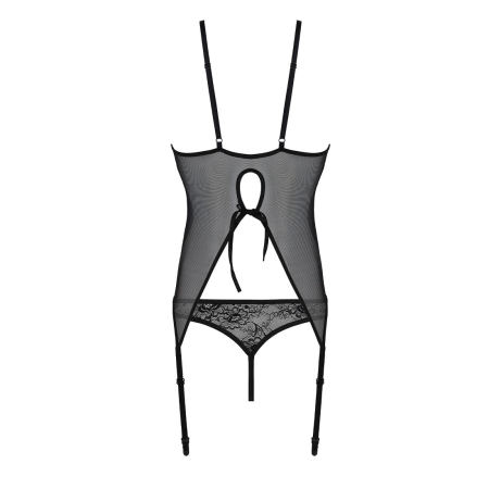 Корсет із пажами, трусики з ажурним декором та відкритим кроком Passion URSULA CORSET S/M, black - фото №5