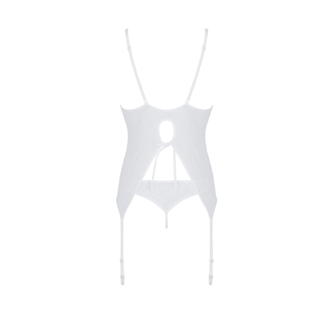 Корсет із пажами, трусики з ажурним декором та відкритим кроком Passion URSULA CORSET S/M, white - фото №4