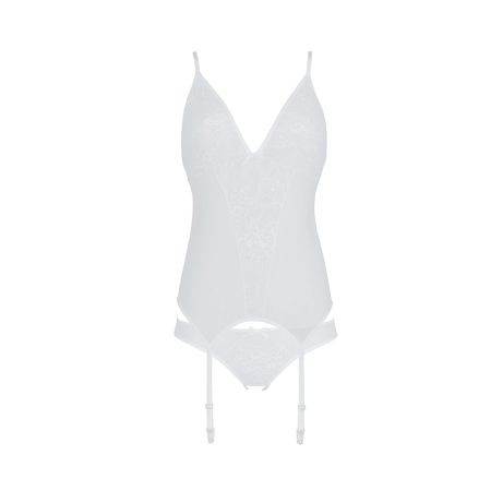 Корсет із пажами, трусики з ажурним декором та відкритим кроком Passion URSULA CORSET S/M, white - фото №3