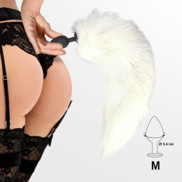 Силіконова анальна пробка з хвостом із натурального хутра Art of Sex size M White fox - - фото №4