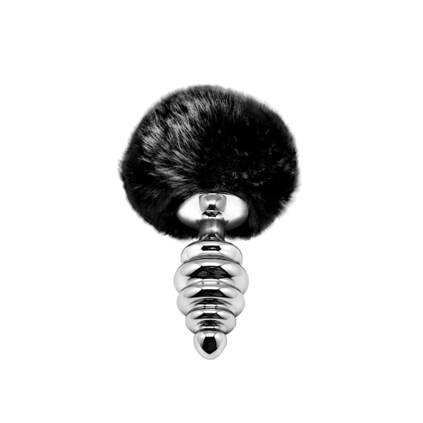 Металева анальна пробка Кролячий хвостик Alive Fluffy Twist Plug M Black, діаметр 3,4 см - фото
