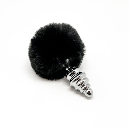 Металева анальна пробка Кролячий хвостик Alive Fluffy Twist Plug M Black, діаметр 3,4 см - фото №2