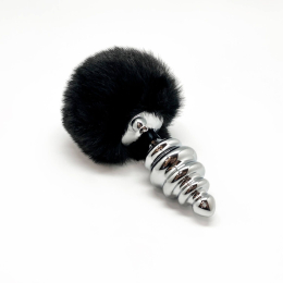 Металева анальна пробка Кролячий хвостик Alive Fluffy Twist Plug L Black, діаметр 3,8 см - - фото №2