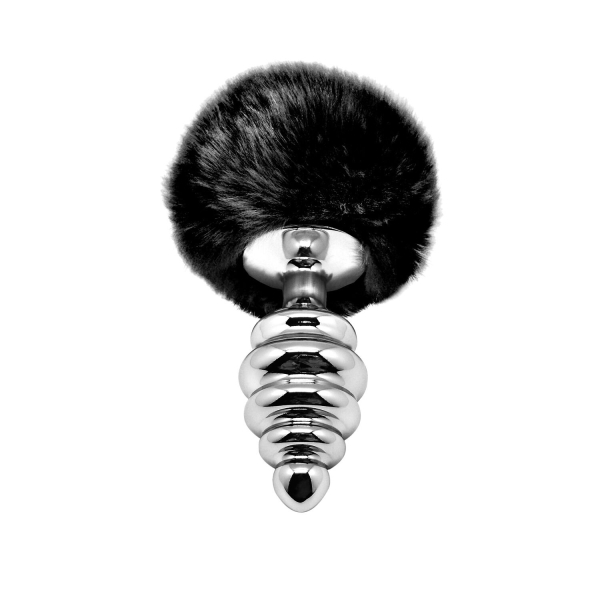 Металева анальна пробка Кролячий хвостик Alive Fluffy Twist Plug L Black, діаметр 3,8 см - фото