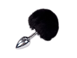 Металева анальна пробка Кролячий хвостик Alive Fluffy Plug S Black, діаметр 2,8 см - фото
