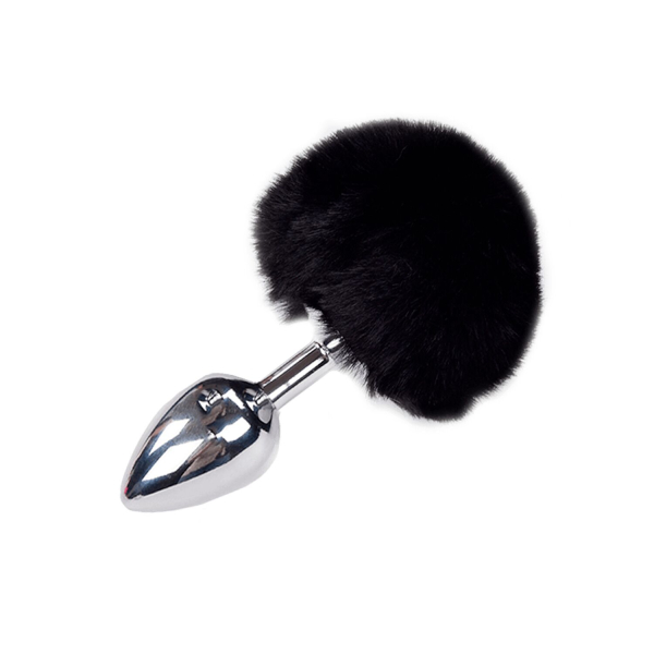 Металева анальна пробка Кролячий хвостик Alive Fluffy Plug M Black, діаметр 3,4 см - фото