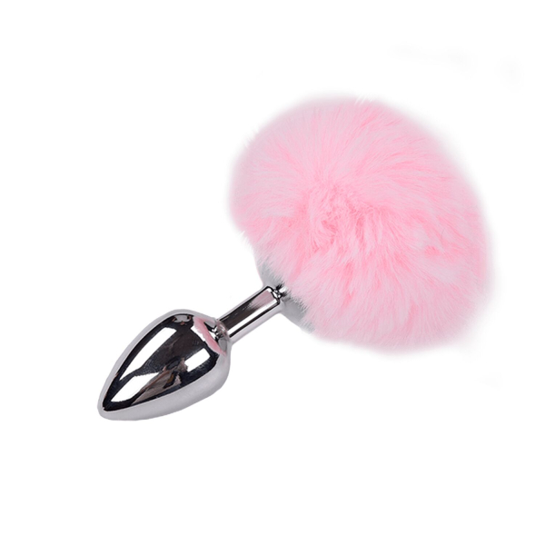 Металева анальна пробка Кролячий хвостик Alive Fluffy Plug M Pink, діаметр 3,4 см - фото