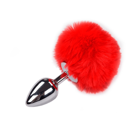 Металева анальна пробка Кролячий хвостик Alive Fluffy Plug M Red, діаметр 3,4 см - фото