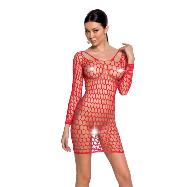 Бодістокінг-сукня з глибоким коміром Passion BS093 red, довгі рукави - фото