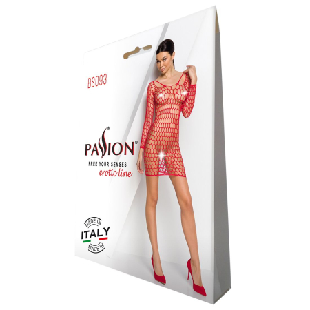 Бодістокінг-сукня з глибоким коміром Passion BS093 red, довгі рукави - фото №4