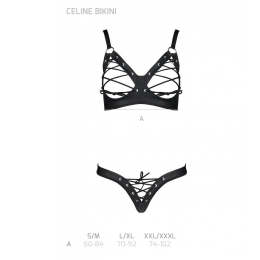 Комплект з екошкіри Passion CELINE BIKINI L/XL black, відкритий бра зі стрічками, стрінги - - фото №5