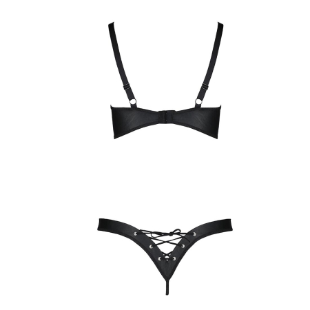Комплект з екошкіри Passion CELINE BIKINI S/M black відкритий бра зі стрічками, стрінги зі шнурівкою - фото №4