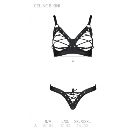 Комплект з екошкіри Passion CELINE BIKINI S/M black відкритий бра зі стрічками, стрінги зі шнурівкою - фото №5