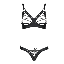 Комплект з екошкіри Passion CELINE BIKINI S/M black відкритий бра зі стрічками, стрінги зі шнурівкою - - фото №3