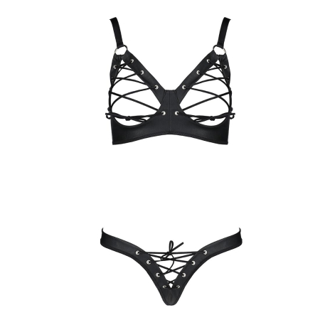 Комплект з екошкіри Passion CELINE BIKINI S/M black відкритий бра зі стрічками, стрінги зі шнурівкою - фото №3